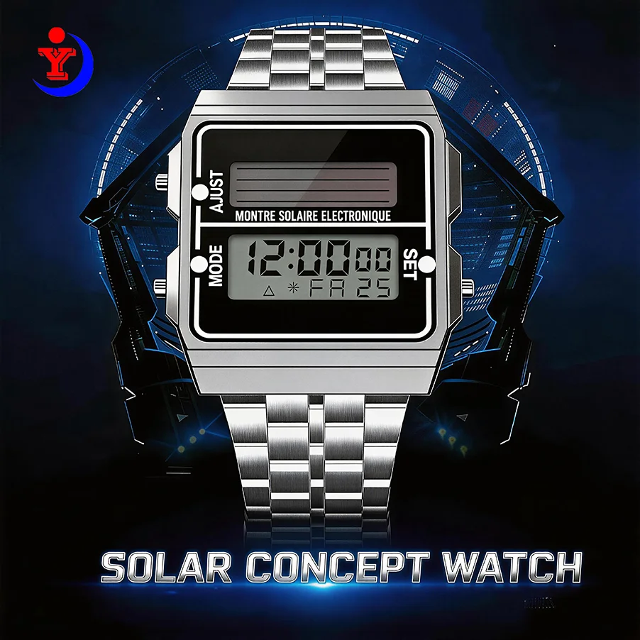 Montre solaire carrée en métal argenté rétro pour hommes |   Montre-bracelet électronique étanche 30M avec alarme, chronographe, affichage de la date/du jour