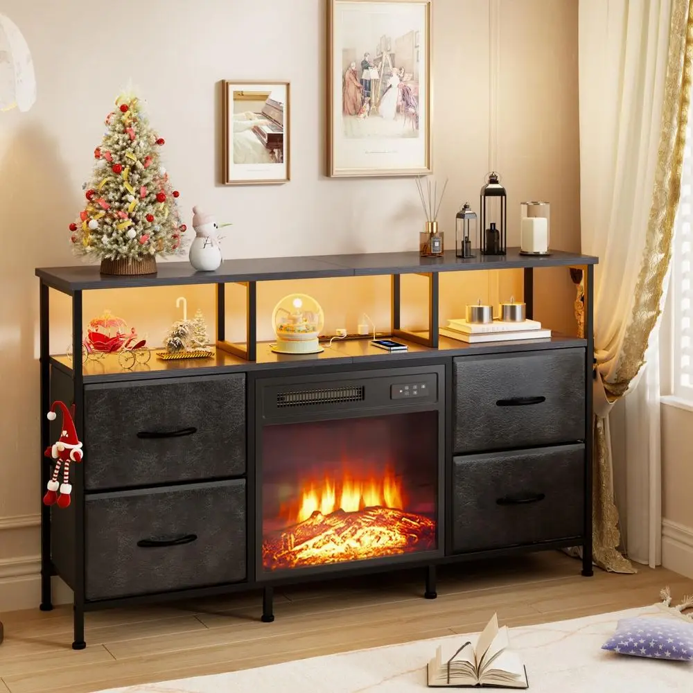 

48 TV Stand with Power Outlets, LED Lights and Open Shelves, Black Leather Surface