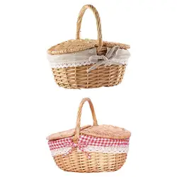 Wicker Picnic Basket With Lid Handle Picnic Hamper Handmade Willow Woven Storage Hamper Outdoor Camping Fruit Basket Container