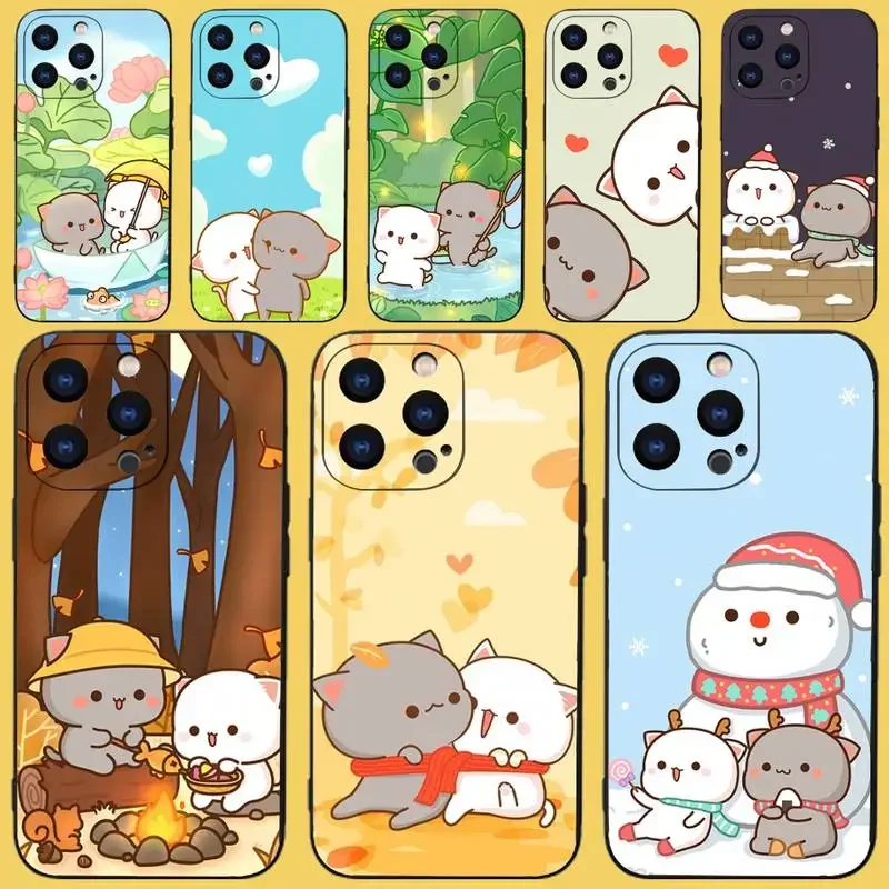 

Cartoon Peach Mochi Cat Phone Case For iPhone 15,14,13,12,11 Plus,Pro,Max,XR,XS,X,7,8 Plus,SE,Mini Black Silicone Soft