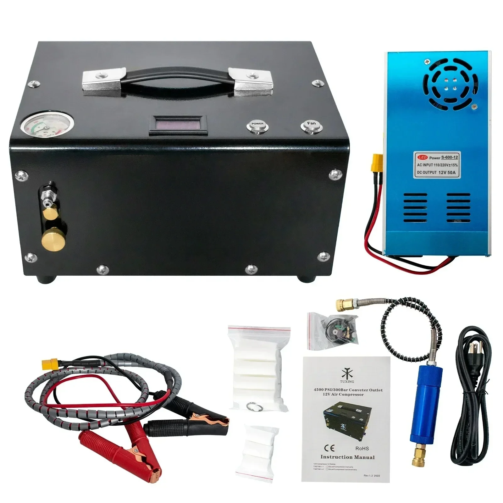 TUXING Manual Stop 12V High Pressure 300bar 4500psi 30mpa Oil/Water Free Built-in Drain System PCP Air Compressor
