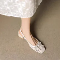 Retro leather square-toe woven high-heeled sandals, 2025 summer fashionable breathable single-buckle thick-heeled women's shoes - Image 3