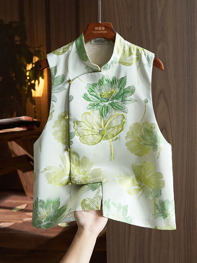 Elegant Chinese Style Embroidered Flower Jacket Women's Spring Summer Autumn Sleeveless Top with Slanting Collar Classical Ta...