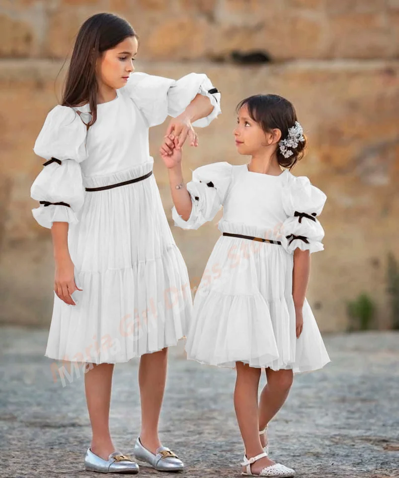 Vestido de niña de tela de malla blanca con cinturón negro, vestido de media manga hasta la rodilla para primera comunión, boda, personalizable
