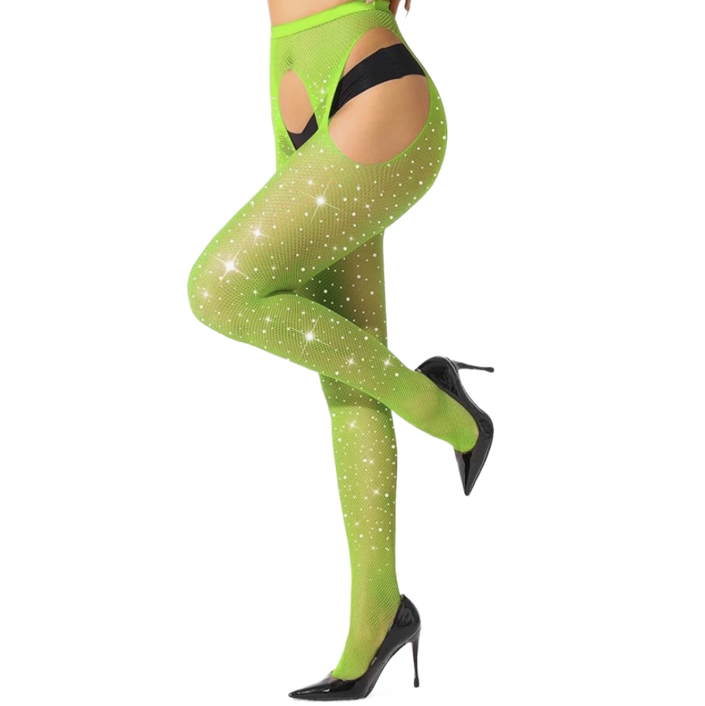 

Party Rhinestone Mesh Stockings Sexy High Waist Tights Sparkle Glitter Fishnet Green Open Crotch Pantyhose for Women Lady gifts