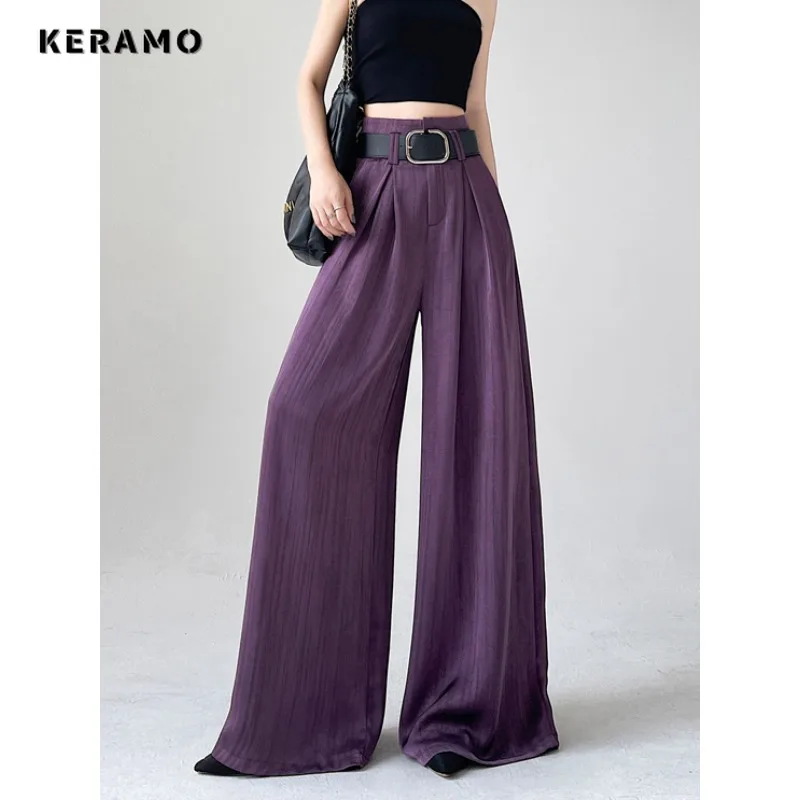 2024 Summer Luxury Casual Style Purple High Waist Wide Leg Pants Women Elegant Loose Fit Vintage Full Length Oversized Trousers