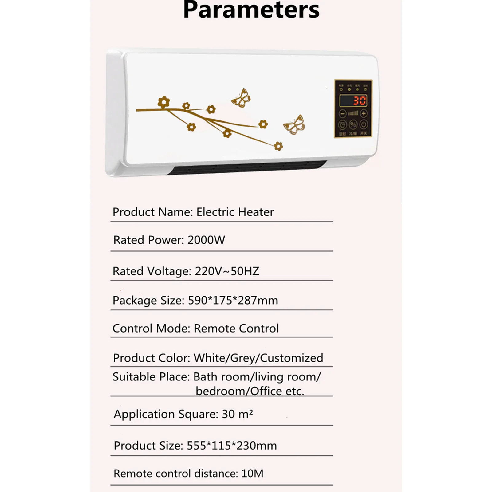 Smart Electric Space Heater with Remote Control, Wall-Mounted Air Conditioner for Home,Energy-Efficient with Timer Function 220V