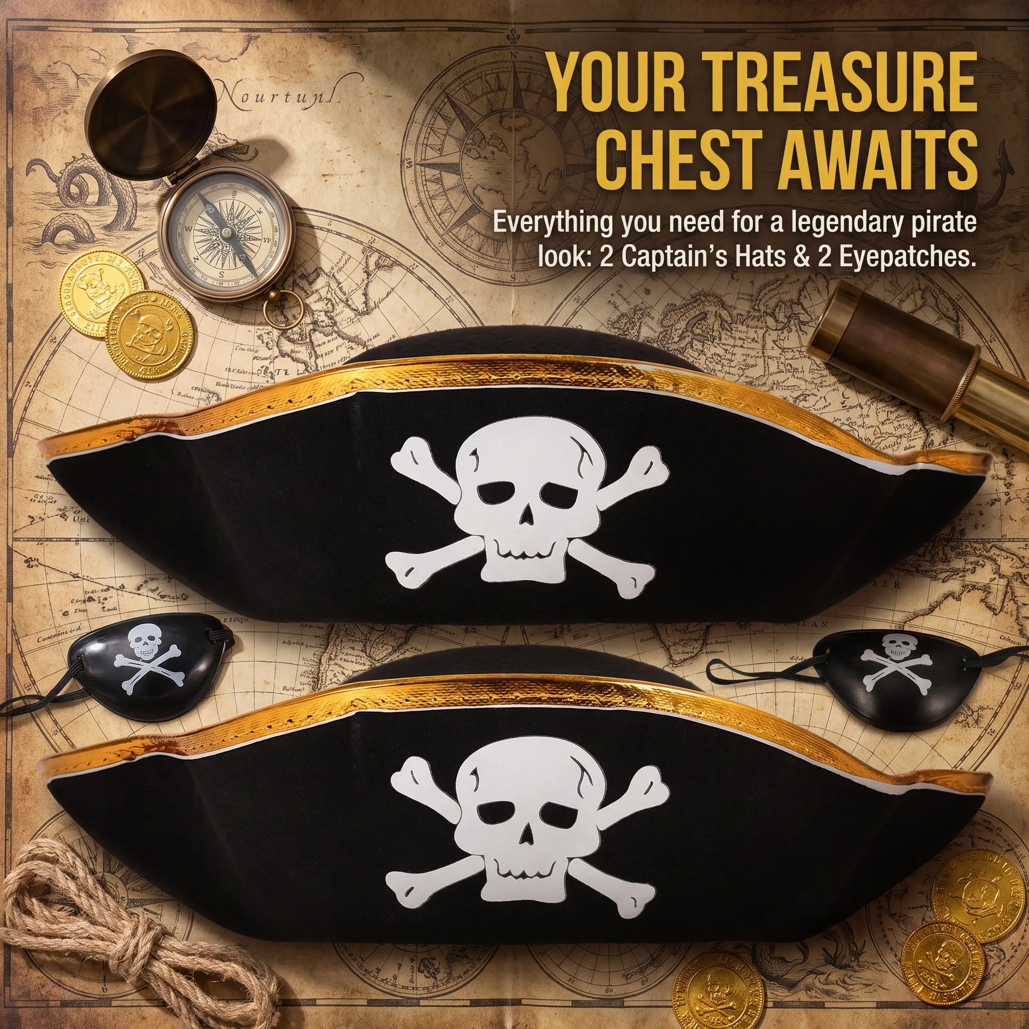 4Pcs Kids Adult Pirate Hats and Eye Patches Skull Pattern Cosplay Accessories for Pirate Party Halloween Theater School