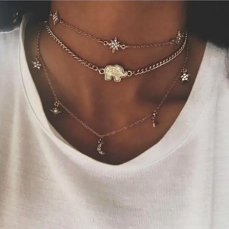 Collares multicapa simples de moda novedosa, cadena de 3 capas, Luna, estrella, elefante, gargantilla, collares con colgante, bonito regalo para mujer