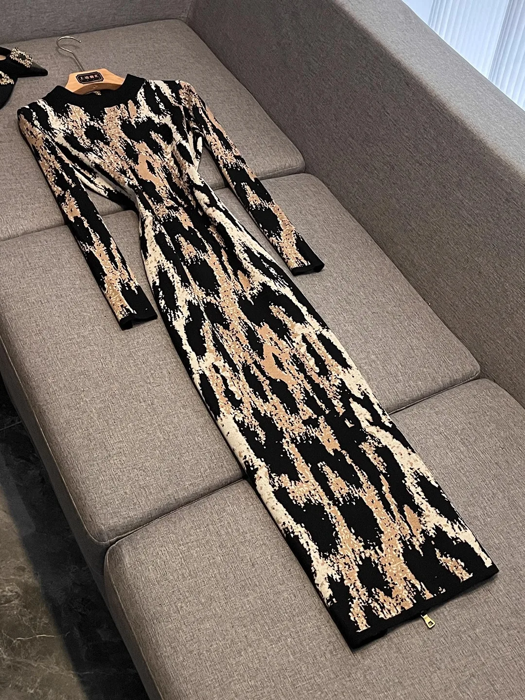 

Autumn Winter New Sle Faionable Knitted Slim Fit round Ne Long Sve Leopard Print Dr Women's Ele Ci Commute
