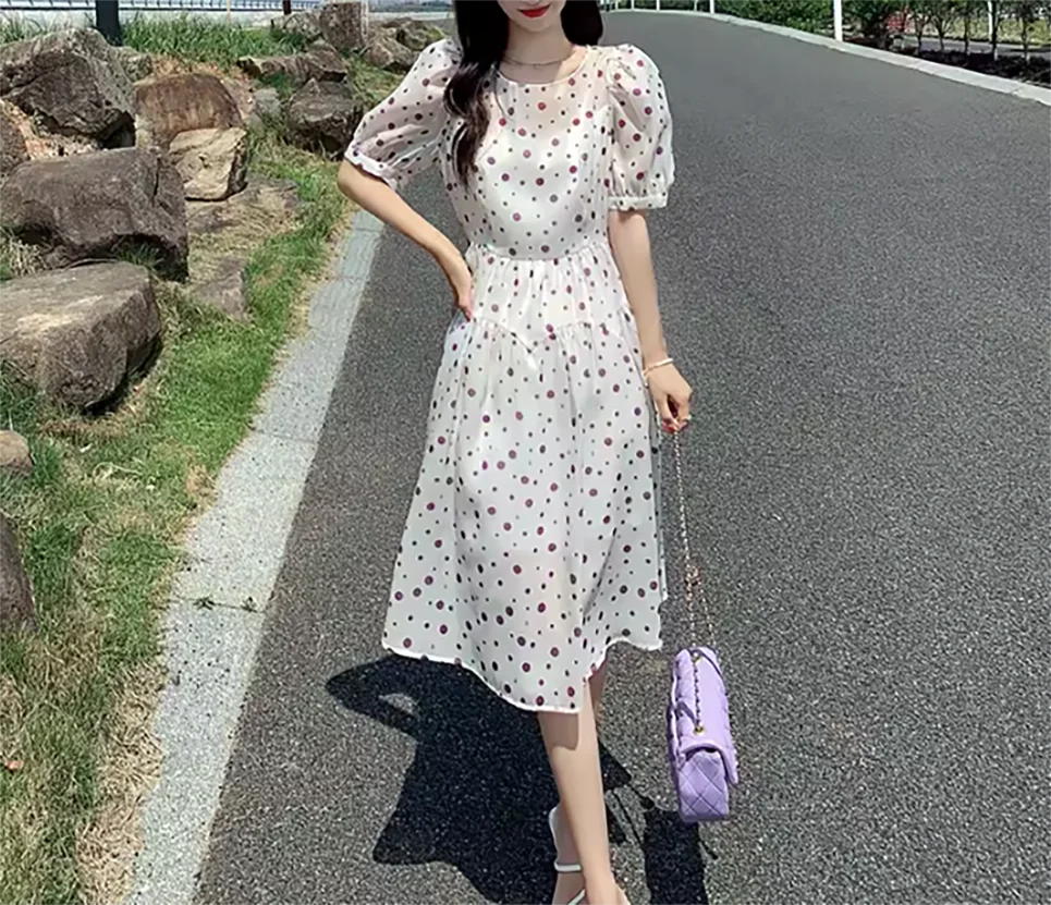 Purple polka dot chiffon dress for women's summer 2024 new slimming temperament small stature French A-line skirt ML size