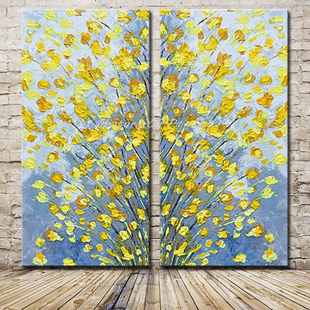 Mintura  Oil Paintings on Canvas,Handmade  A set of Yellow Flowers Double a Mosaic Wall Sticker Canvas,Art Decoration No Framed