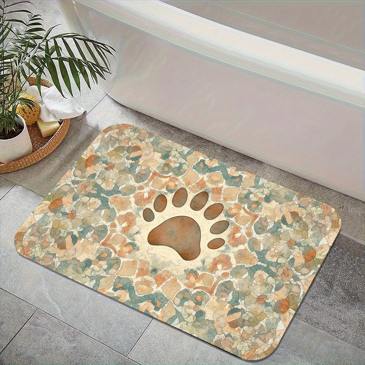 1pc Terrazzo pet paw print patterned floor mat, machine washable polyester, suitable for bedroom and living room decoration.