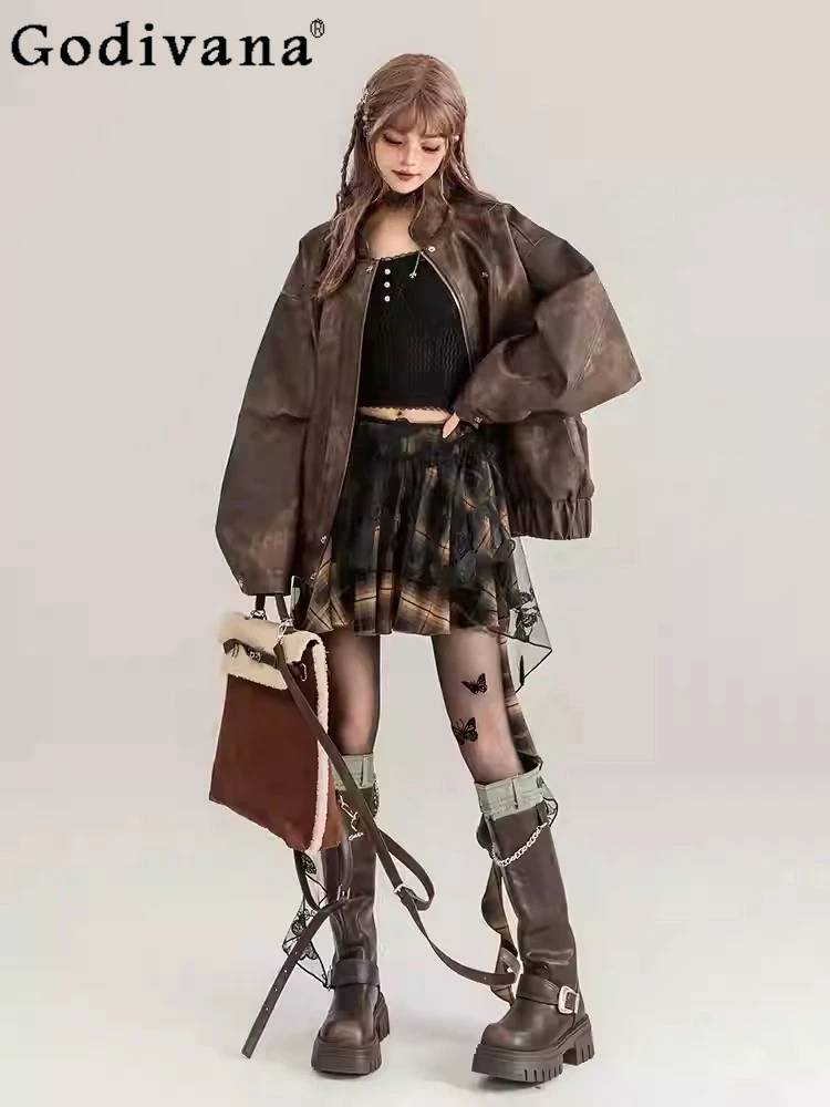 

Черная клетчатая юбка с высокой талией и вышивкой бабочки для тяжелой промышленности, весна-лето, новые милые сексуальные уличные плиссированные юбки нестандартной формы