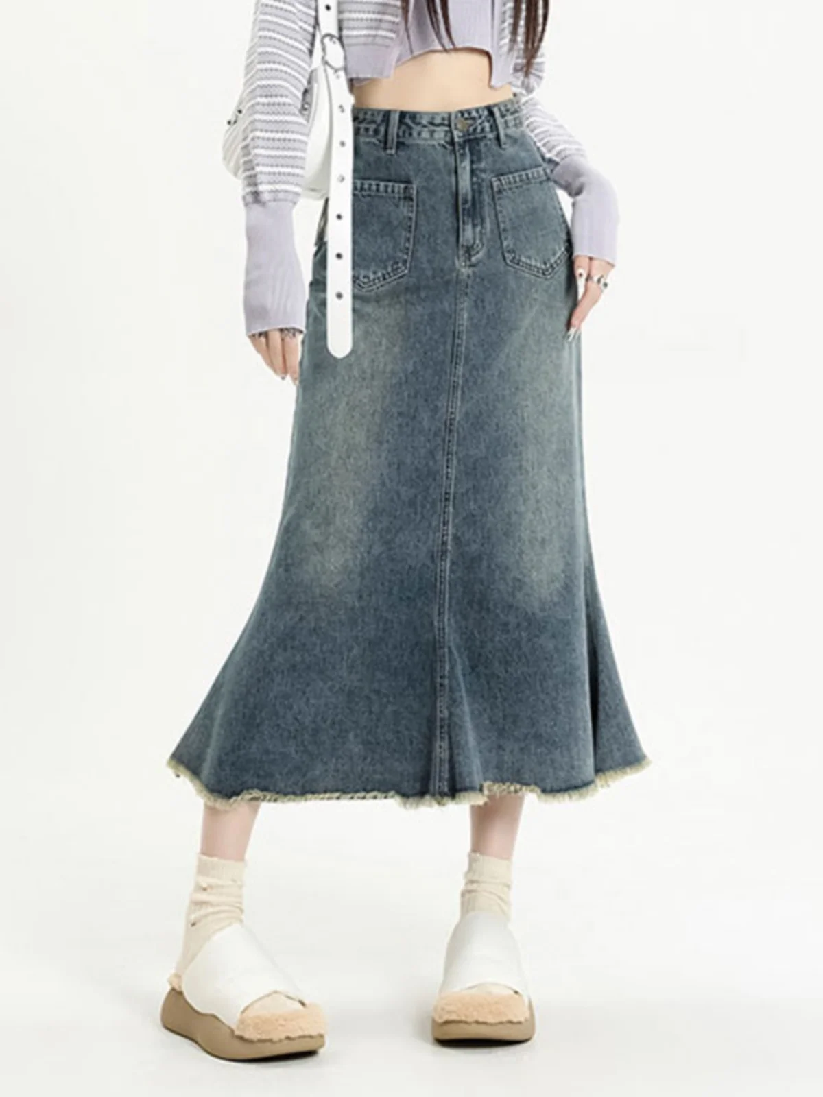 

Американская ретро-юбка из денима с высокой талией, женская, средней длины, А-силуэт, с подолом-воланом, модная, для повседневной носки, однотонная