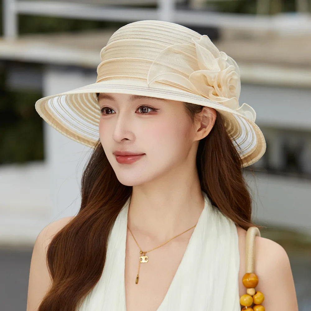 Summer Travel Breathable Foldable Bucket Hat Women Sun Protection Organza Large Flower Elegant Floppy Cap