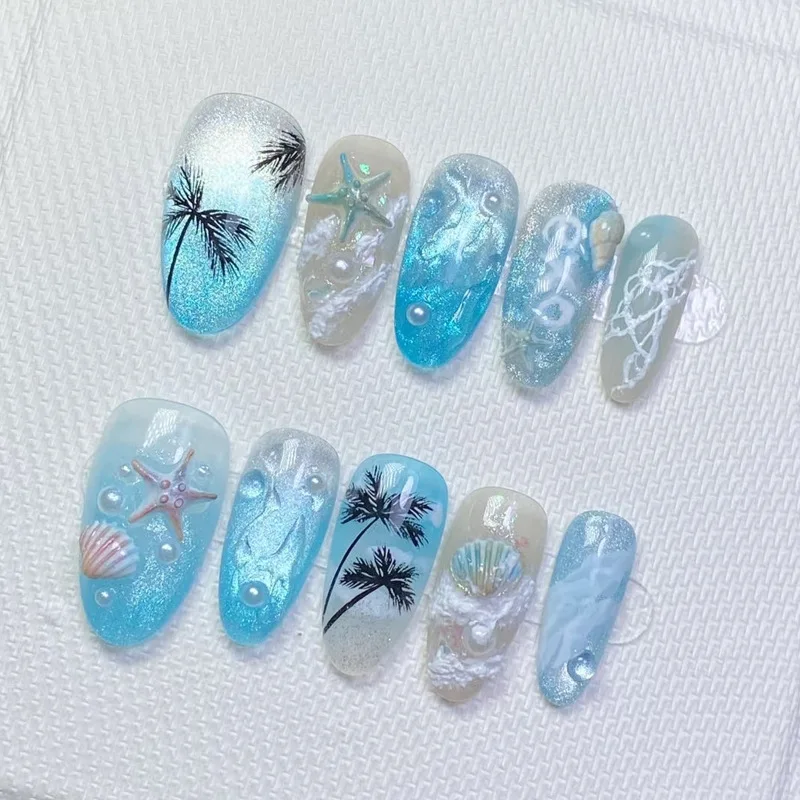 

24PCS Blue Almond Press on Nails Beach Theme Coconut Tree Seashell Starfish Pearl Rhinestone Sweet Style Reusable False Nails