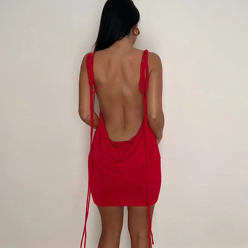 Spaghetti Strap Backless Mini Kleid Für Frauen Robe Sommer Neue Off-schulter Ärmel Bodycon Kurzes Kleid Vestidos