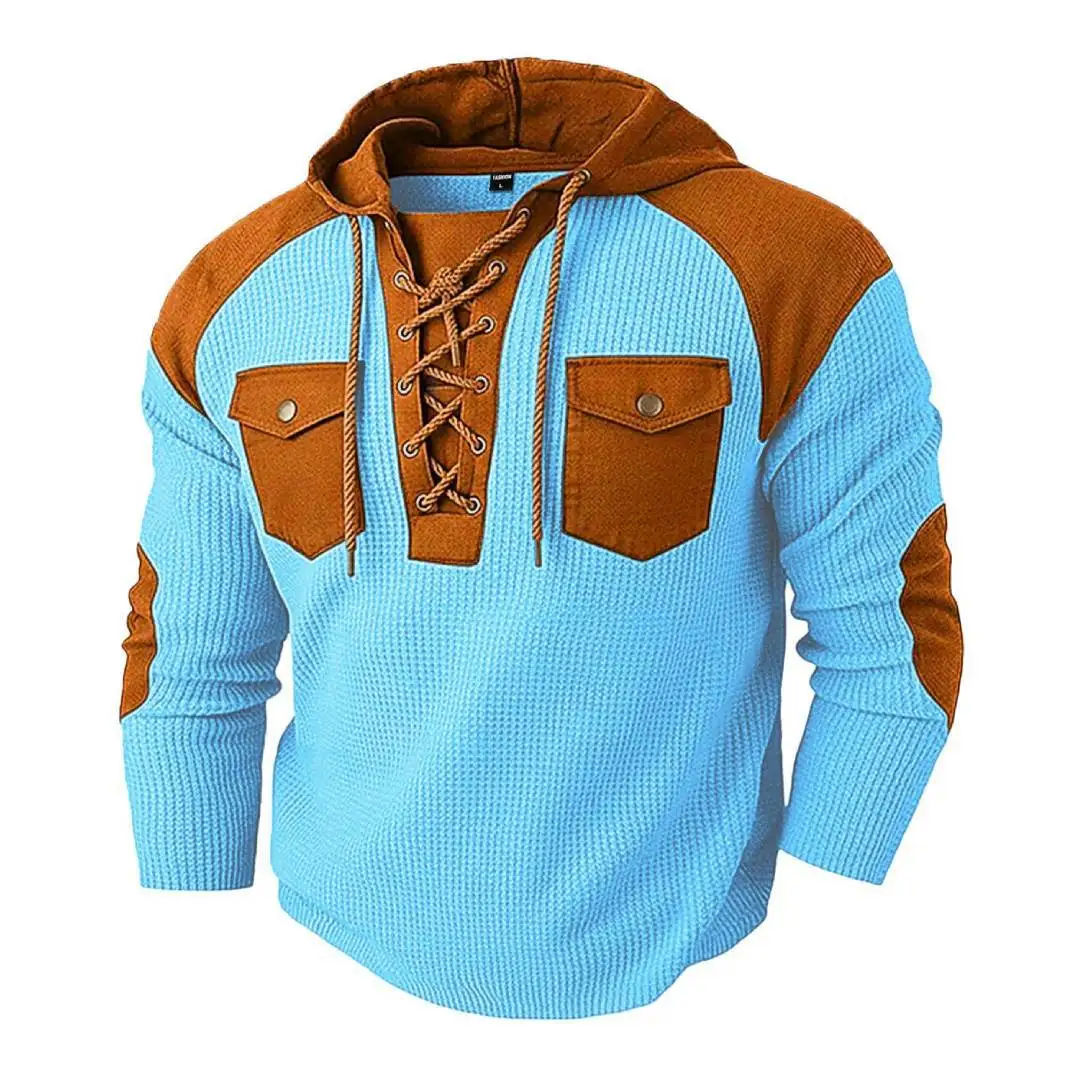 Spring and Autumn Hooded Strap Color Matching Pocket Large Size Loose Breathable Casual Sweater Men Cw24740