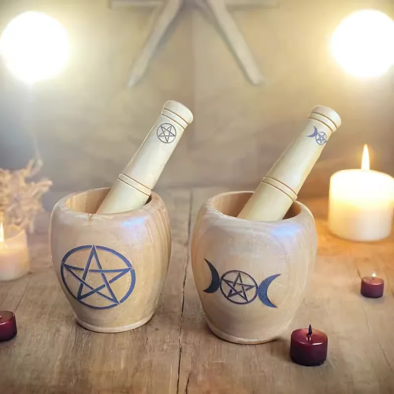 Pentacle Moon Natural Handcrafted Bamboo Bowl Flat-Bottomed Can Round Pounding Jar Wooden Grinde Altar Prop watchcraft