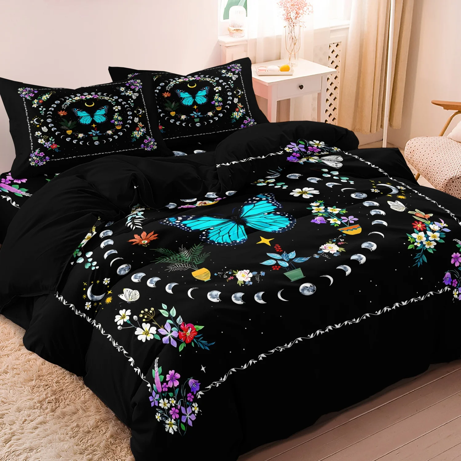 

Комплект постельного белья с дизайном звезд и луны, 3 предмета, синий чехол для одеяла с цифровой печатью с изображением бабочек и зеленых растений, цветов.