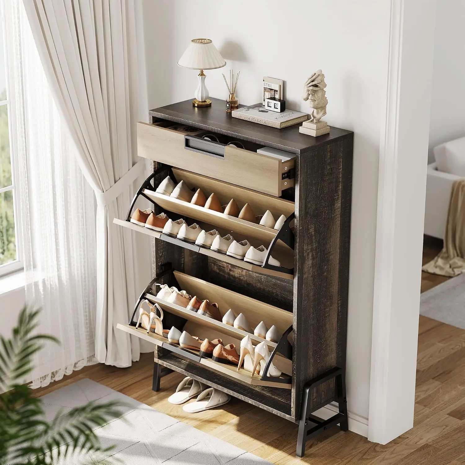 Mobiletto porta scarpe in legno massello, stile vintage, ideale per l’ingresso, capacità di 22 paia di scarpe, divisori regolabili, gambe in metallo, antiribaltamento, stile rustico.