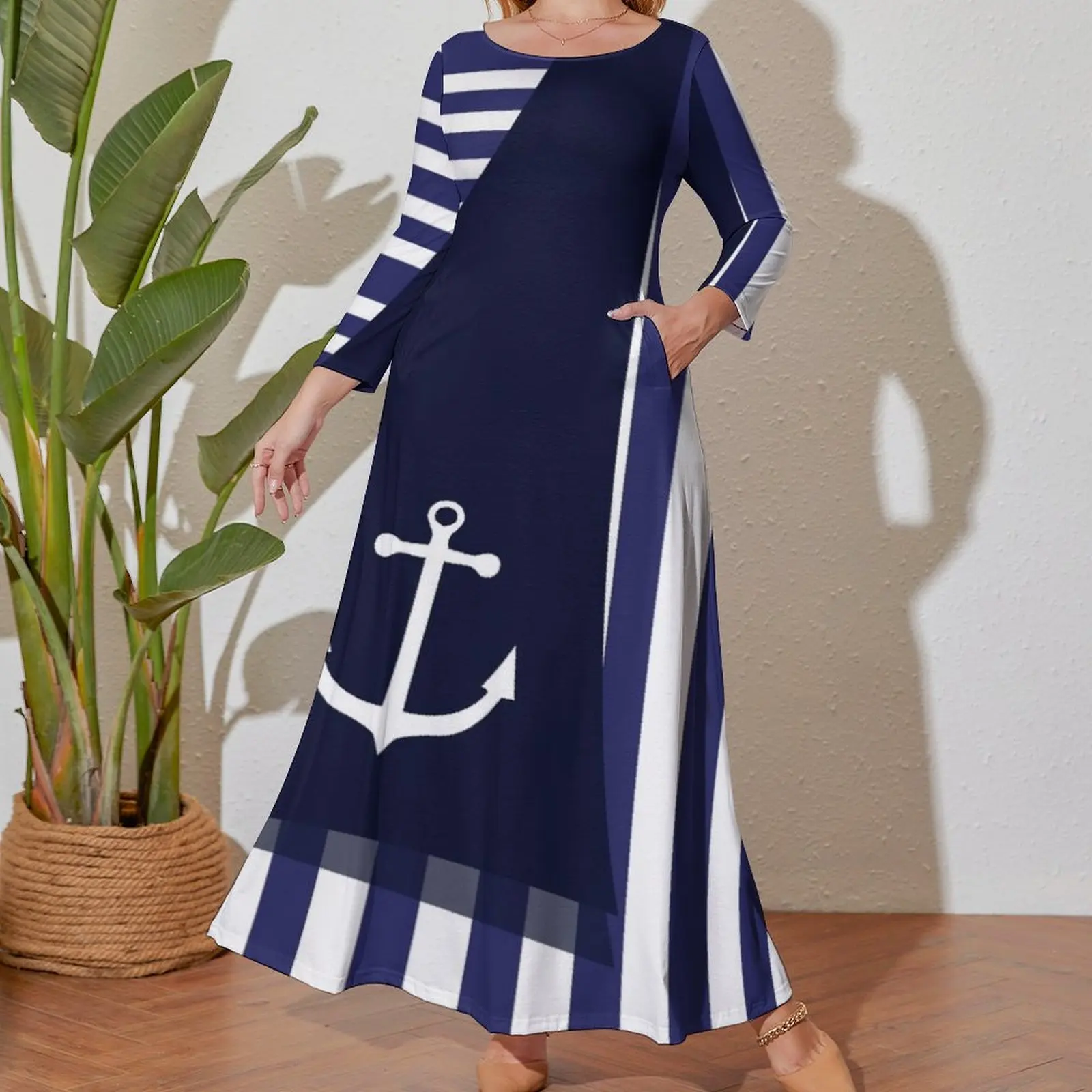 Vestido de manga larga con ancla para mujer, traje de noche, rayas de marinero, Verano