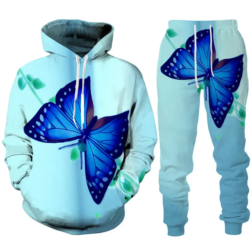 Novelty 3D Butterfly Print Hoodie/Pants/Suit Men and Women\'s Casual Hooded Pullover Sweatshirt Sport Wear Female Two Piece Track