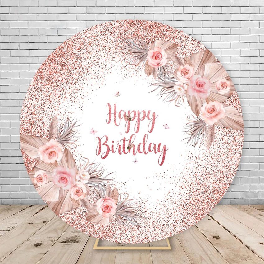 Adult Happy Birthday Round Backdrop Cover White Gold Glitter Balloon Circle Photography Background Baby Shower Kids Photo Studio