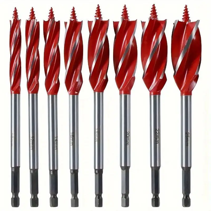 8pcs Woodworking Drill Bit Set High Carbon Steel 4 Flute 10-25mm Self Tapping Hex Shank Precision Deep Hole Drills for Hardwood
