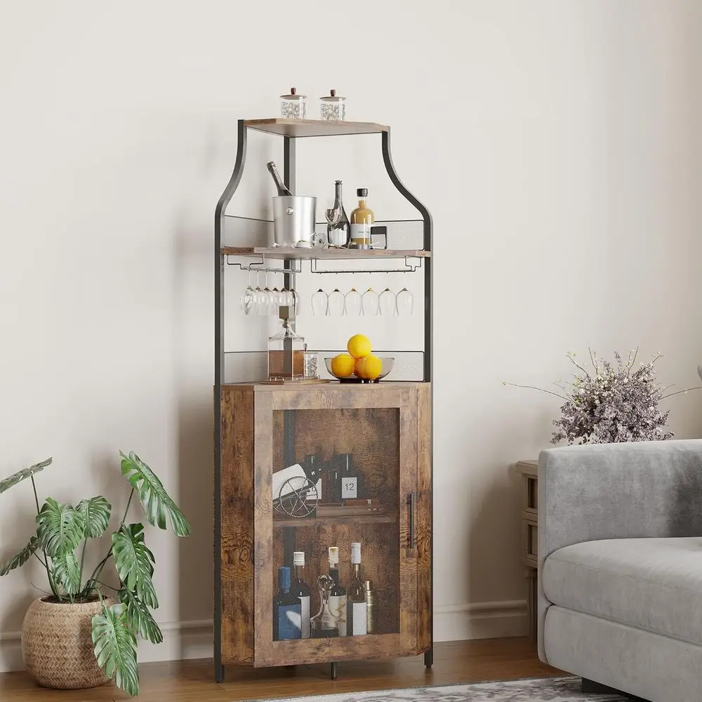 

61-барный шкаф со стеклянной стойкой, регулируемыми полками, 5-уровневое хранилище для вина, запираемая дверь, коричневый в деревенском стиле