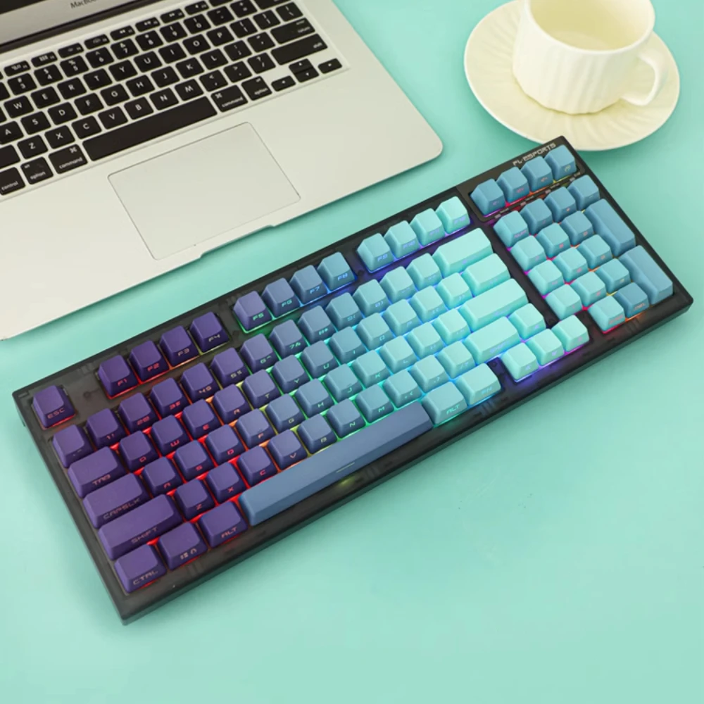Cyan Lotus Gradient Keycaps Top Side PBT Backlit Keycap Dip-dyeing Process OEM Profile Key Caps For MX RGB Keyboard 2.25U 2.75U