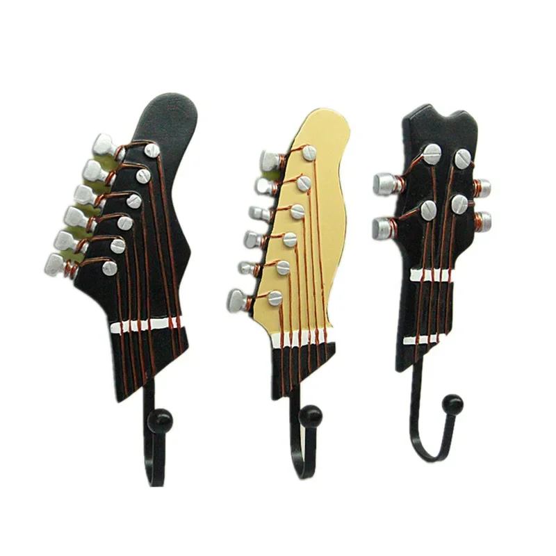 Retro 3 Pcs/Set Guitar Heads Hooks Music Home Resin Clothes Hat Hanger Movie Wall Mounted Hook for Home Decoration