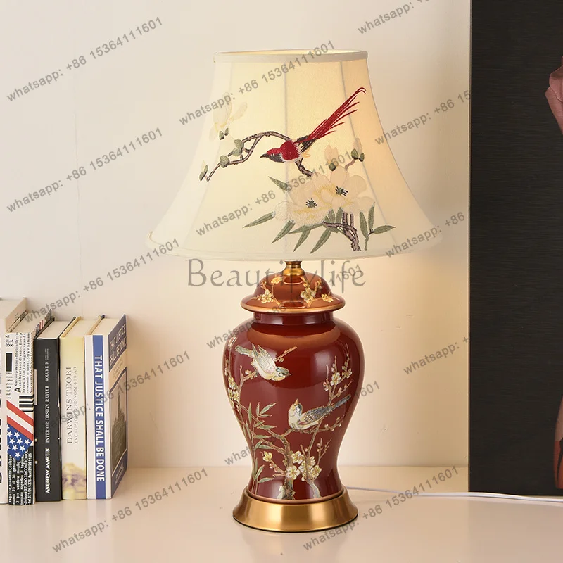XX Festive Hand Embroidery Magpie Lampshade Magpie And Flower Ceramic Table Lamps For Living Room Bed Room For Marriage