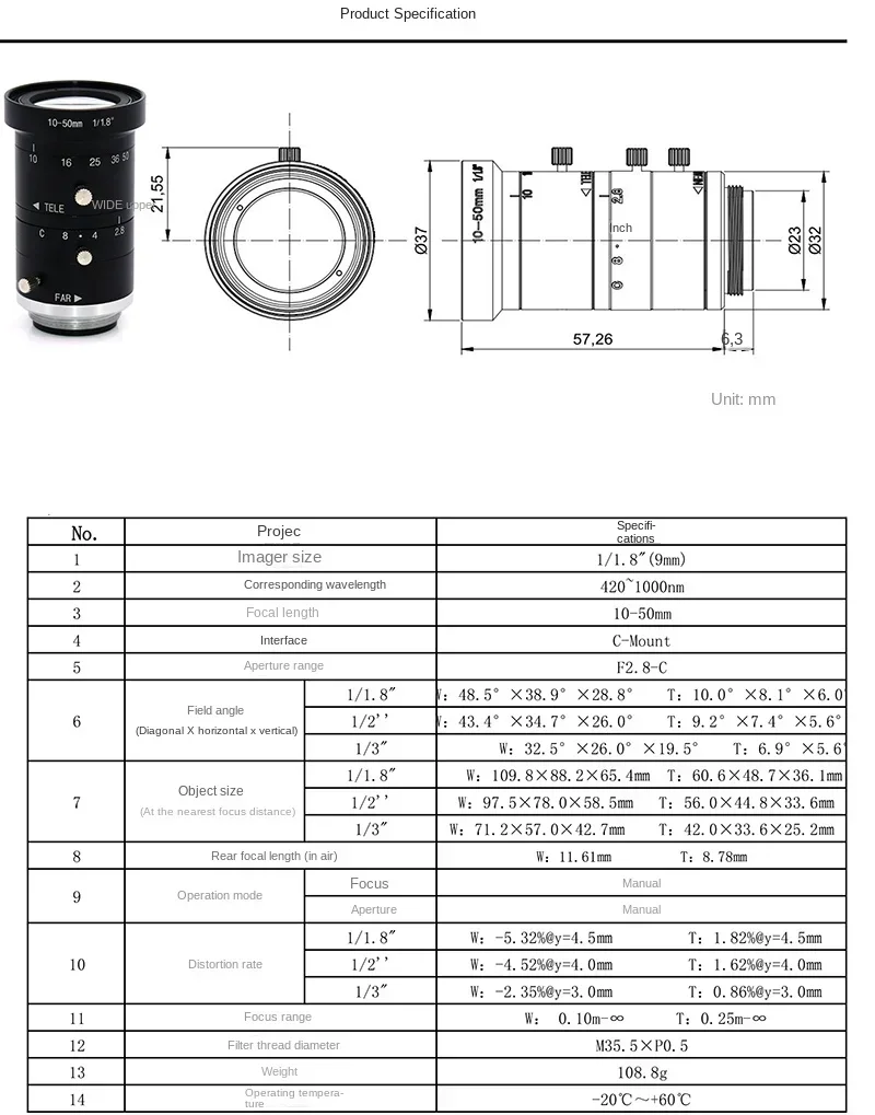 10-50mm Industrial Zoom Lens Low Distortion 8MP Machine Vision Camera Lens for Manufacturing Quality Control