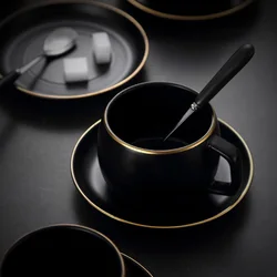 Modern Black and White Ceramic Coffee Cup and Saucer Set Simple Matte Gold Rim Water Cup Business Nordic Afternoon Tea Cup Gift