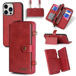 Lanyard Leather Zipper Card Slot Wallet Case For iPhone 11 12 13 14 15 16 Pro Max X XS Max 7 8 Plus Purse Crossbody Strap Cover