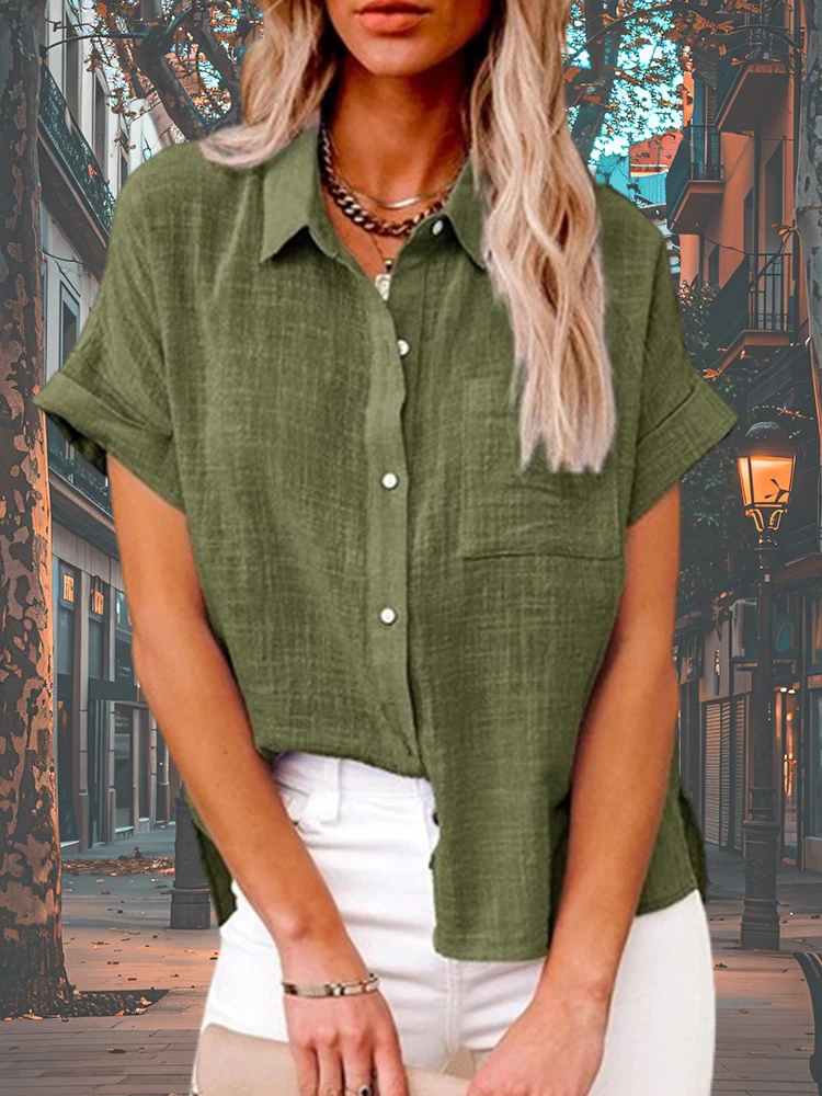 2024 Solid Casual Loose Shirts For Women Short Sleeve Button Lapel Cardigan Top Ladies Clothing Stylish Youth Female Blouses