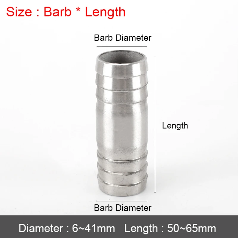 Double Barbed OD 6 8 10-41mm 304 Stainless Steel Connector 2-way Equals Straight Pipe Fitting Connector Pagoda Joint Hose Barb