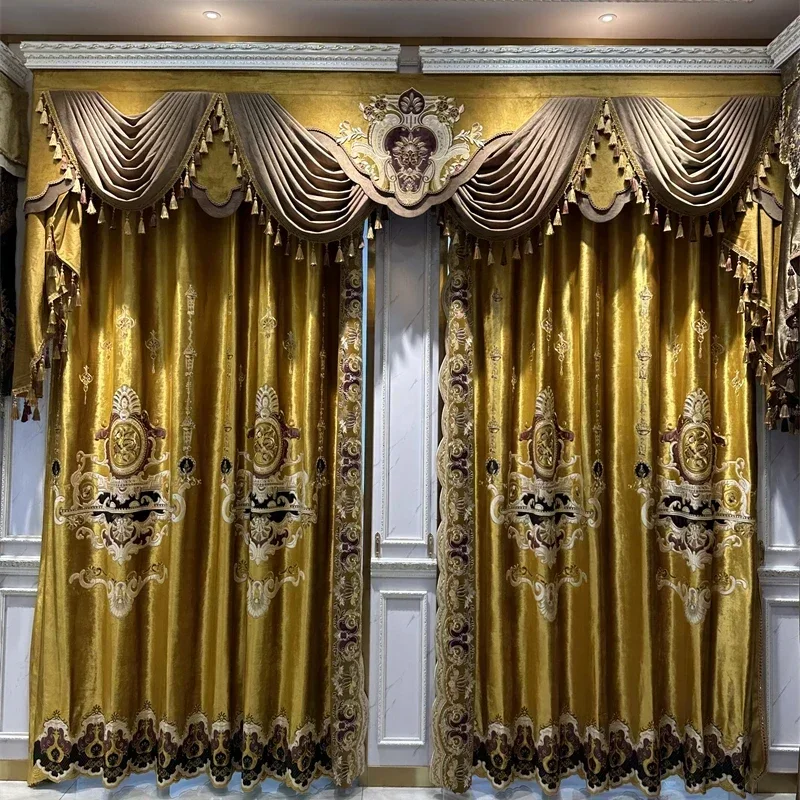 Custom Size European Style Luxury Villa Gold Embroidered Living Room Curtains Velvet Bedroom Apartment Sunshade Curtain 1pc