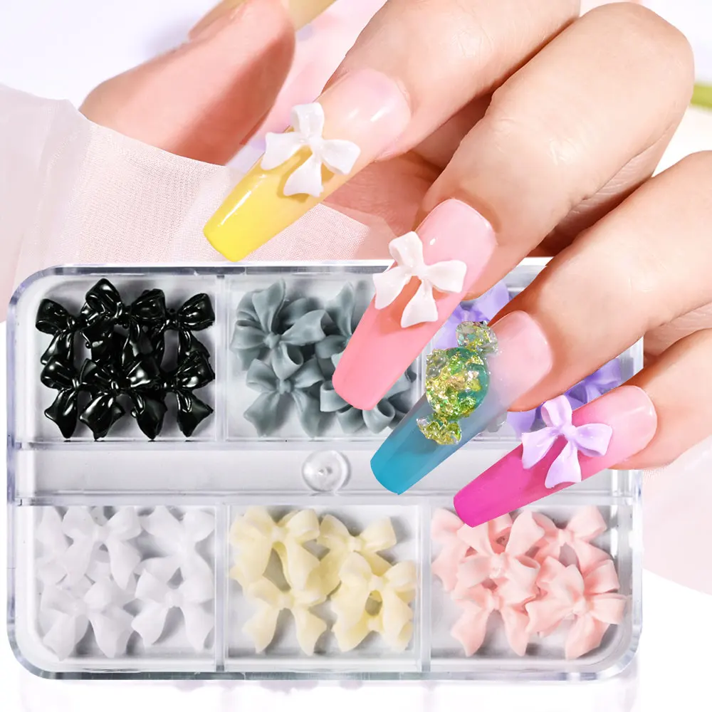 1 Box rosa/weiß/schwarz Harz Flatback Bogen Nail Art Charms 6 Gitter (30 Stück) süße Schleife Nageldekorationen für Acrylnägel Maniküre – Detail 3