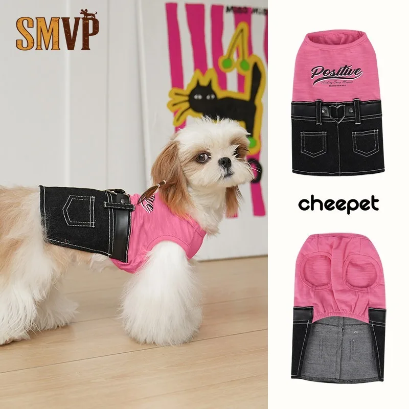 Stylish Color Block Pet Denim Dress Retro Cool Letter Print Chic Heart Shape Buckle Belt Classic Pocket Details Fashion Costume