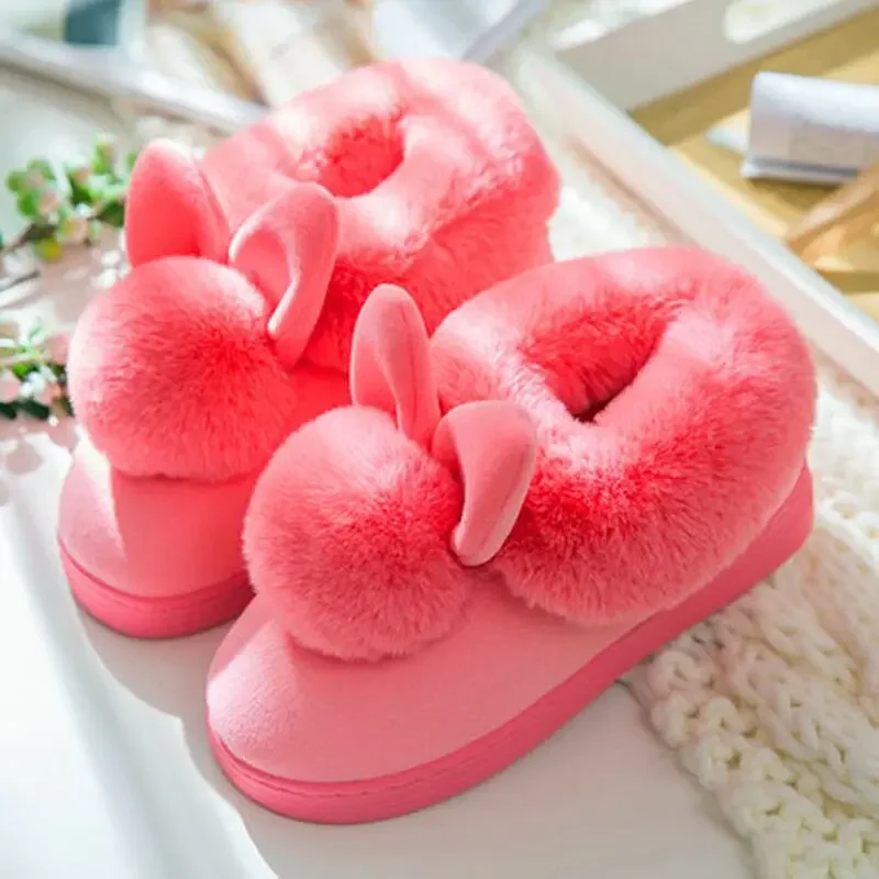 Pantoufles plates en coton moelleux pour femmes, oreille de lapin de dessin animé, maison, intérieur, fourrure, chaud, doux, chaussures en peluche, automne, hiver, mignon