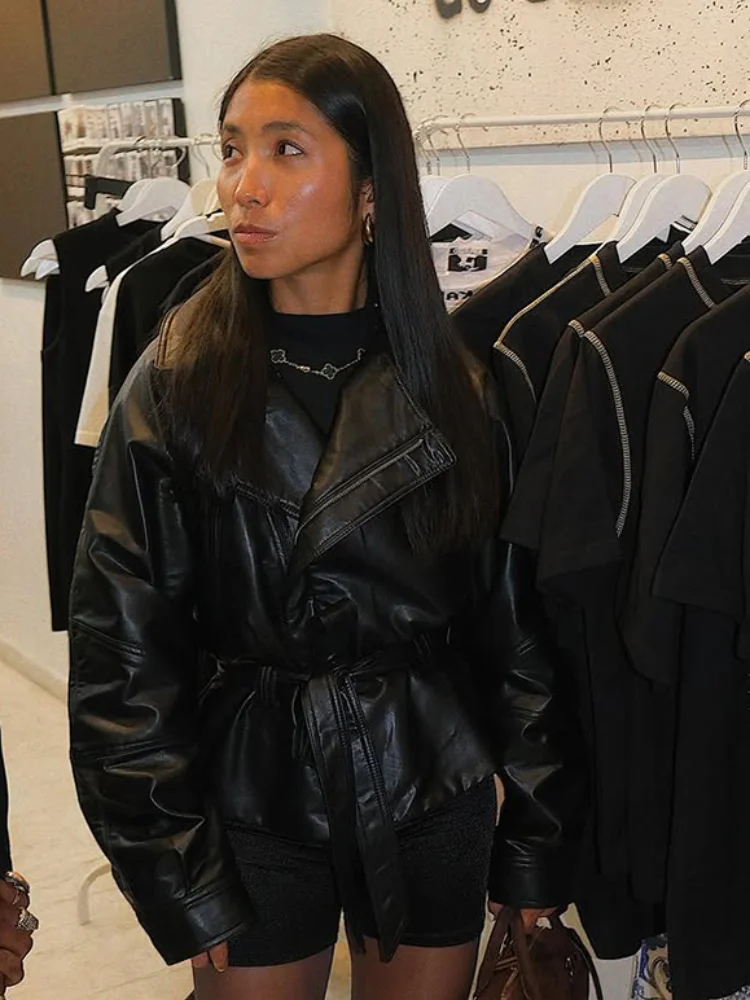 Women's Black Lace Up Leather Jacket Chic Lapel Belt V-neck Waist-cinching Coat 2026 Spring Lady Daily Street Commute Outerwears