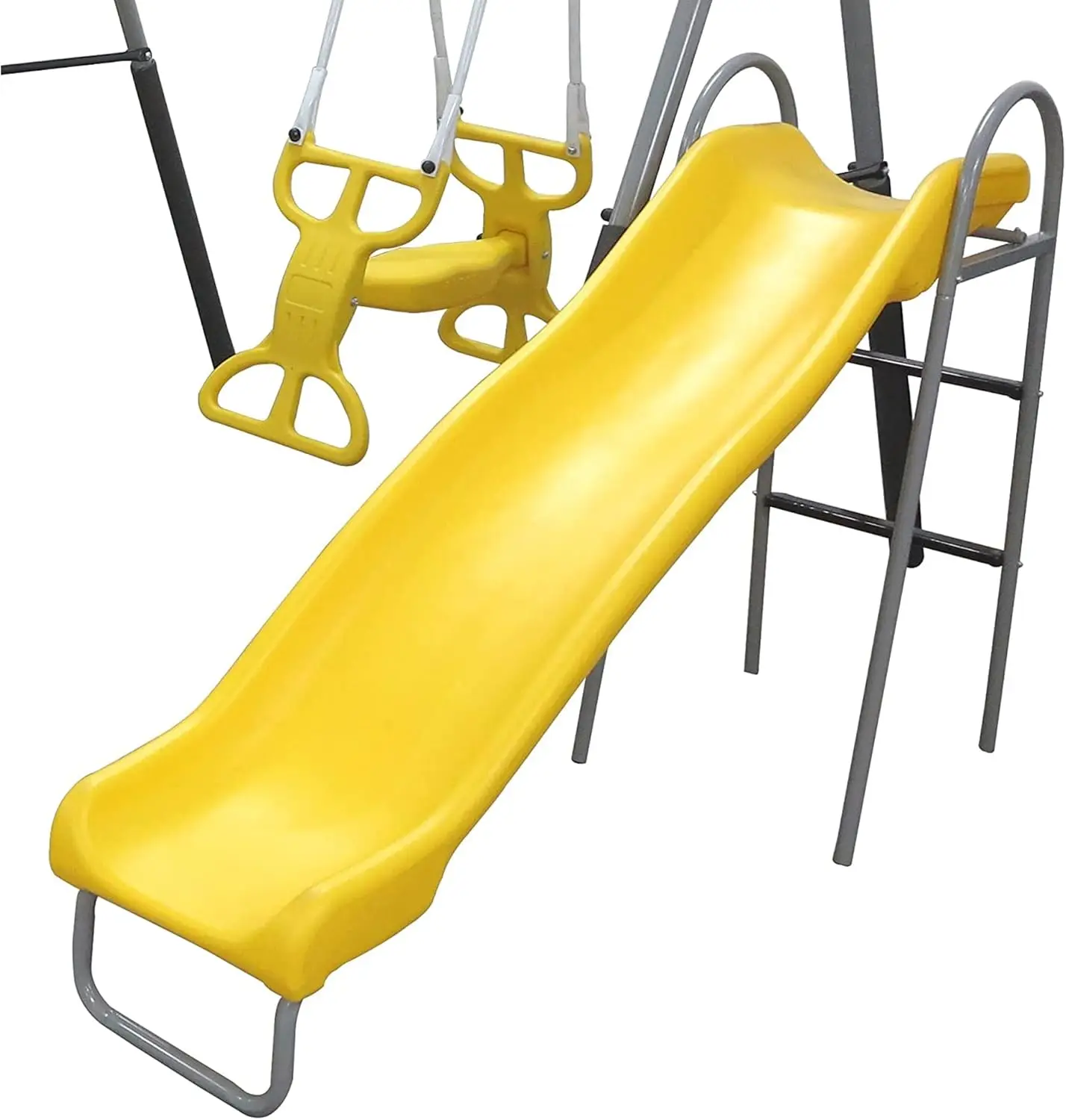 Rising Sun Playground Ensemble de balançoires pour enfants avec cadre en métal avec ensemble de jeu d'extérieur avec toboggan, voir scie, planeur et balançoires, jaune