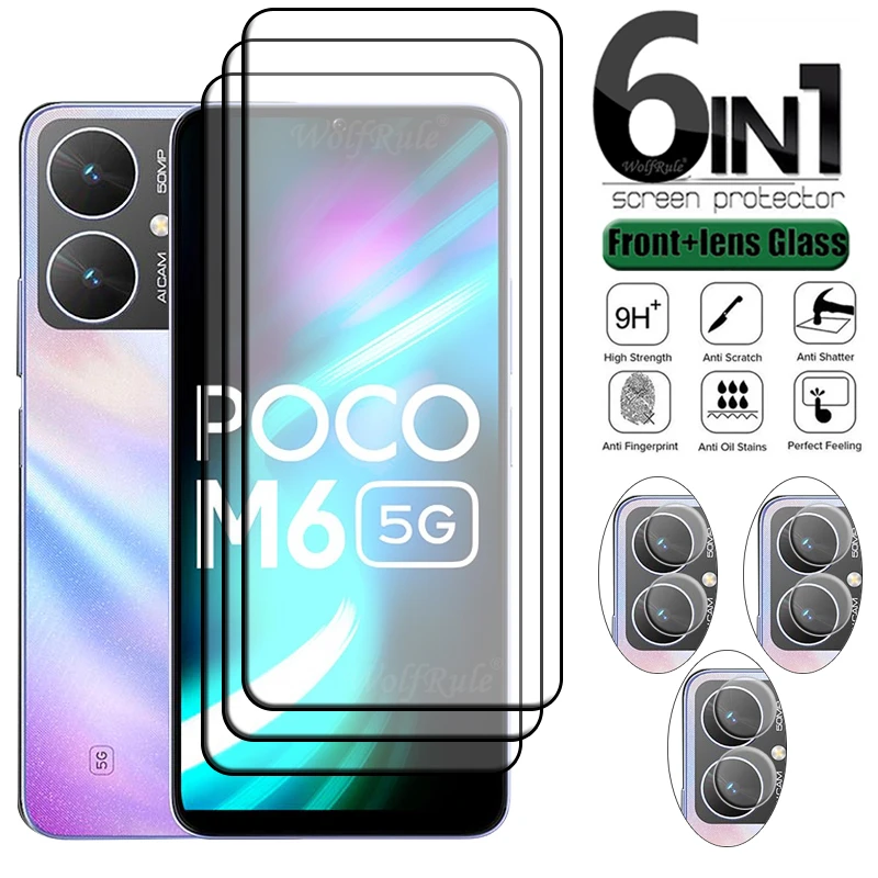

6-in-1 For Poco M6 Glass For Xiaomi Poco M6 M 6 Tempered Glass Phone Film Full Glue Cover 9H Screen Protector Poco M6 Lens Glass