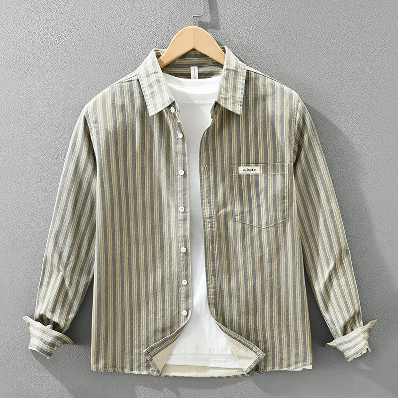 

Autumn Japanese retro striped long sleeved shirt for men, fashionable and versatile, artistic and casual, simple and loose top