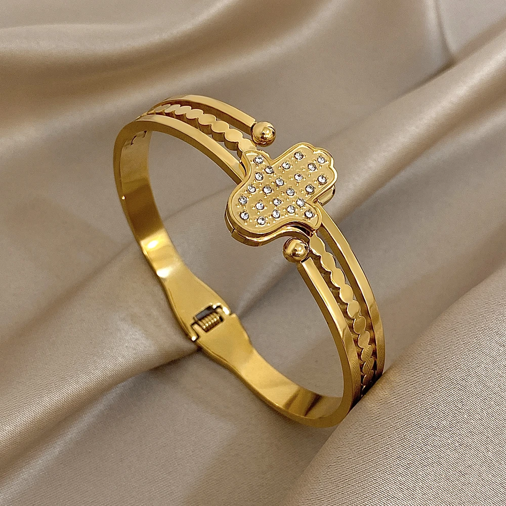 

Creative Smooth Stainless Steel Chunky Wide Bracelet for Women Retro Palm Geometry Open Spring Bangle Waterproof Jewelry Gift