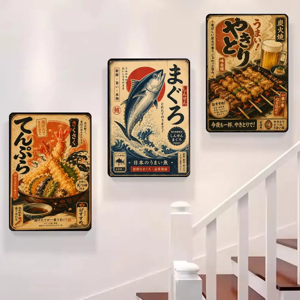 Vintage Japanese Fish Sushi Lamian Noodle Calligraphy Picture Room Home Bedroom Interior Wall Decoration Canvas Poster Art Mural