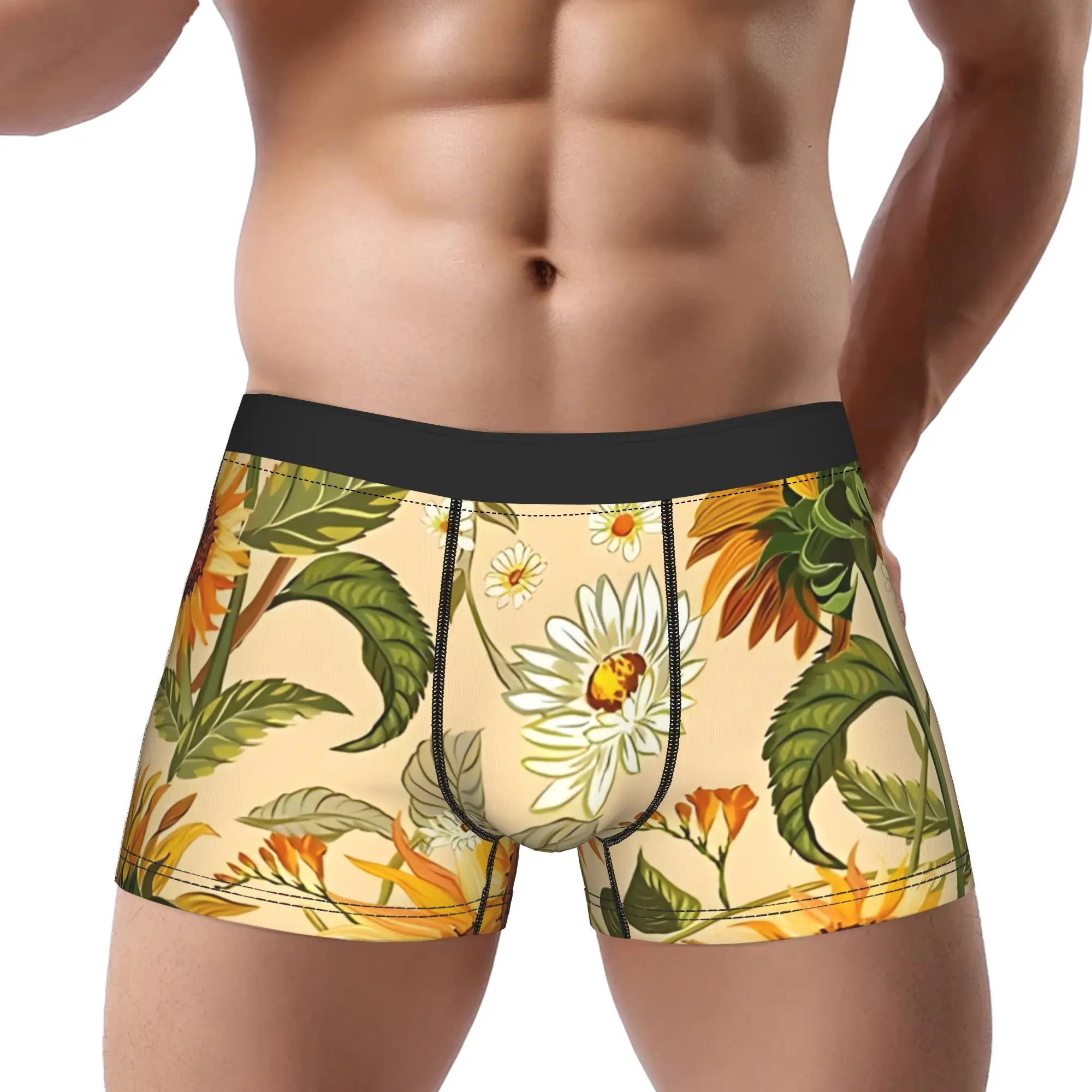 Sunflowers70S Golden Retro Pattern Yellow And Orange Flowers Underpants Breathbale Panties Men's Underwear Sunflower Comfortable